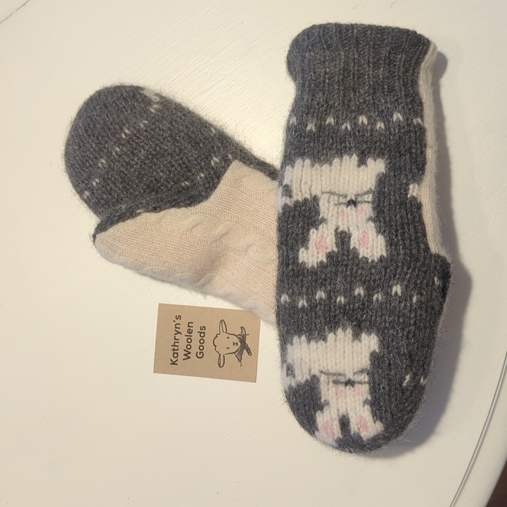 Handmade Upcycled Wool Sweater Mittens Grey Rabbits Fleece Lined